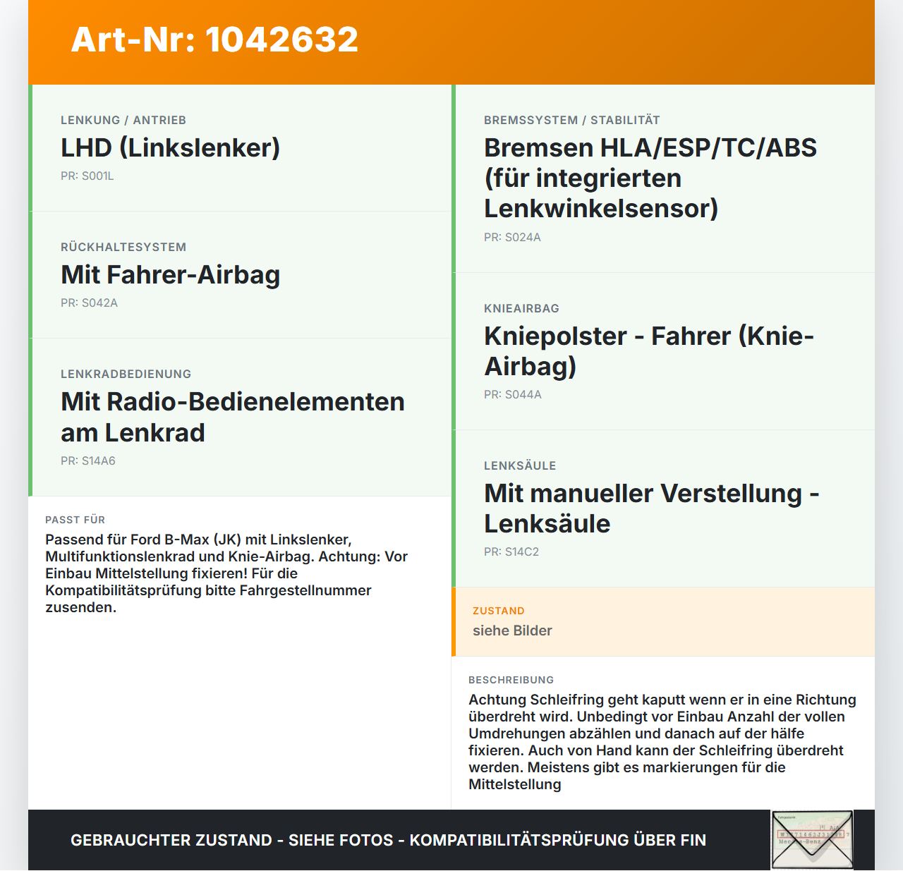Ford B-Max JK 12-17 Airbag Schleifring Wickelfeder Ford B-Max JK 12-17 03.04.2014 8A6T-14A664-AF 8A6T-14A664-AD... Vorschau 3