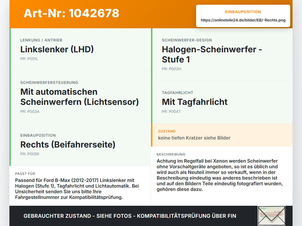 Ford B-Max JK 12-17 Halogen Scheinwerfer Frontscheinwerfer Rechts orig. Ford B-Max JK 12-17 03.04.2014... Vorschau 3