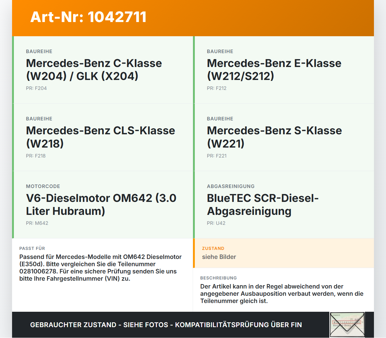 Mercedes S212 E350d 13-16 CDI 3,0 170KW 642850 Differenzdrucksensor Mercedes S212 E350d 13-16 18.02.2010... Vorschau 3