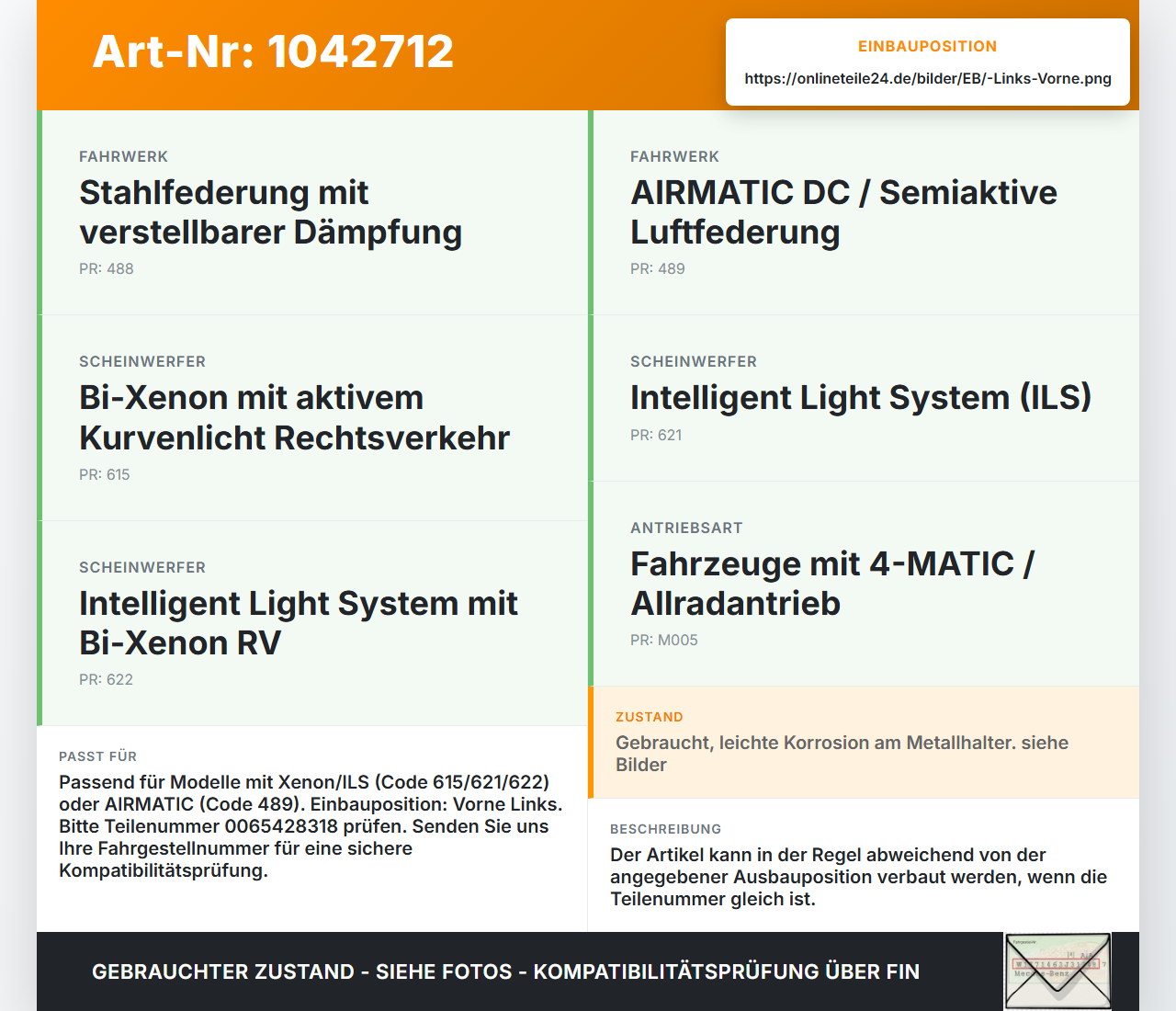 Mercedes S212 E350d 13-16 Xenon LWR Sensor Neigung Links Vorne Mercedes S212 E350d 13-16 18.02.2010 A2125402317... Vorschau 3