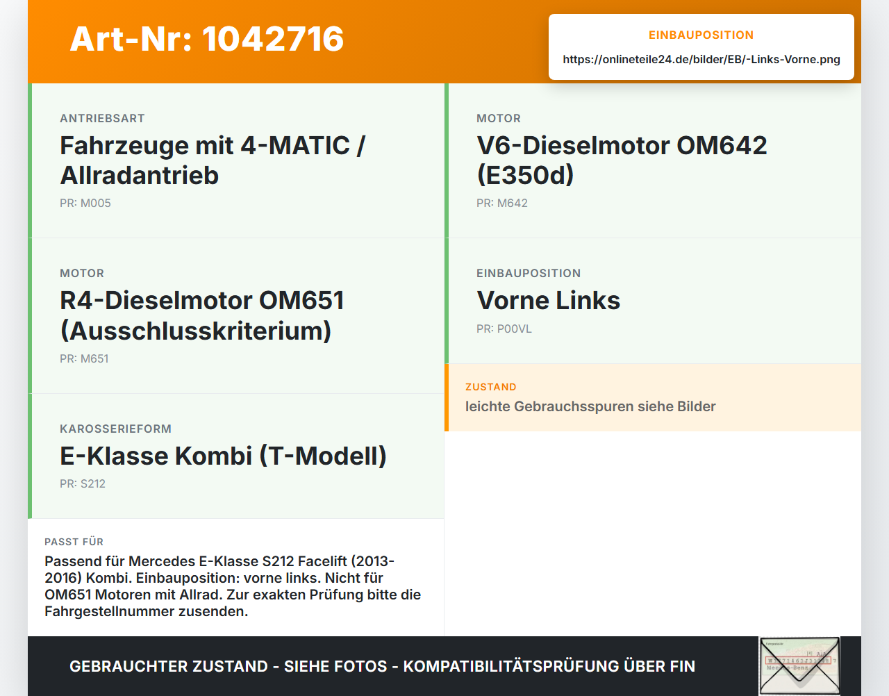 Mercedes S212 E350d 13-16 Kombi Pralldämpfer für Stoßstange  Querträger Vorne Links Mercedes S212 E350d 13-16... Vorschau 3