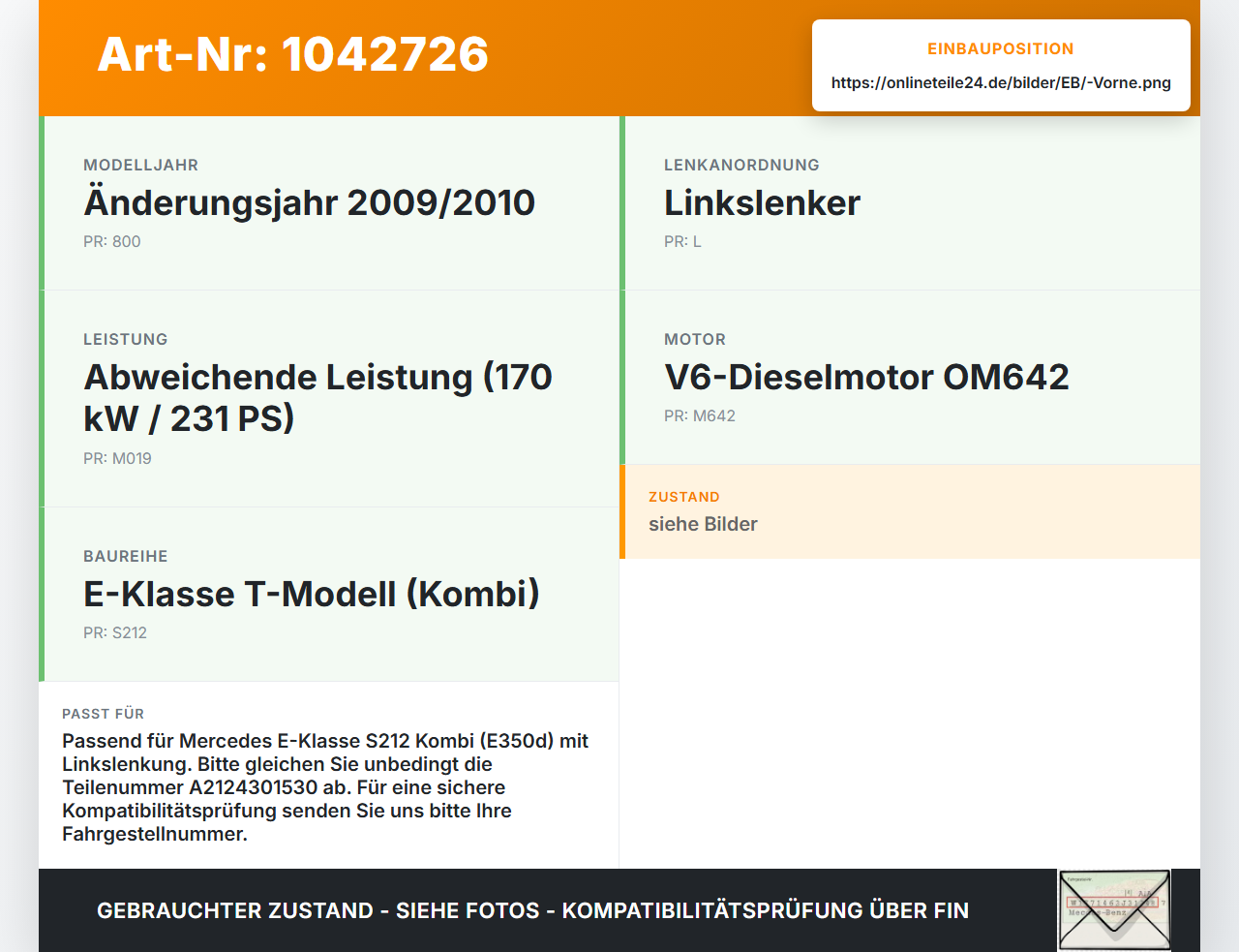 Mercedes S212 E350d 13-16 CDI 3,0 170KW Bremskraftverstärker vorne Mercedes S212 E350d 13-16 18.02.2010 A2124301530... Vorschau 3