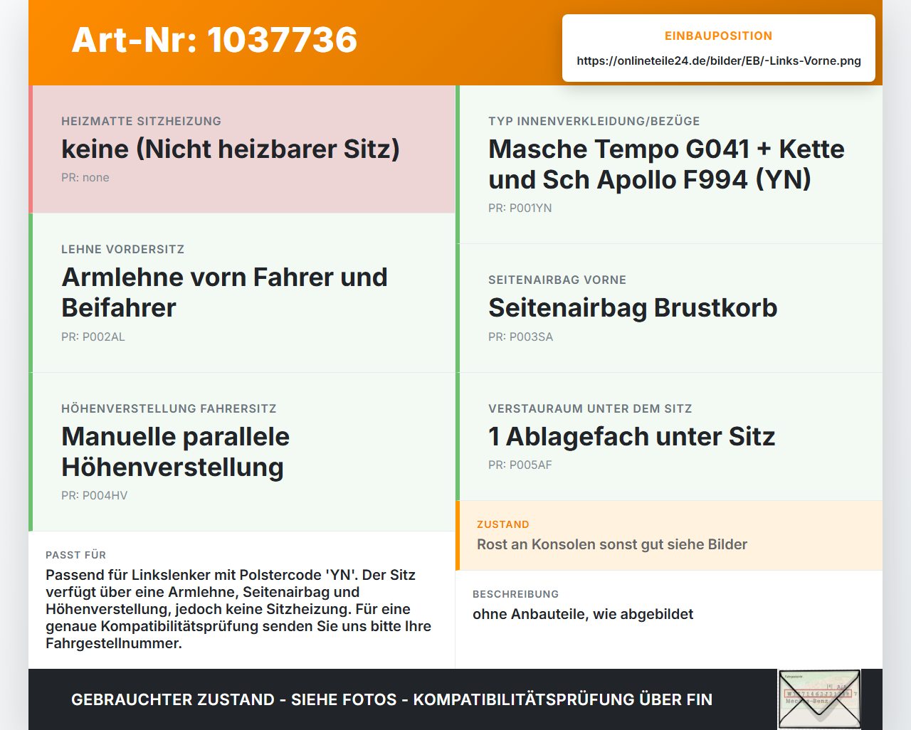 Peugeot Partner Tepee 08-12 Sitz Fahrersitz Vorne Links Armlehne Peugeot Partner Tepee 08-12 07.06.2011 gebraucht Vorschau 3