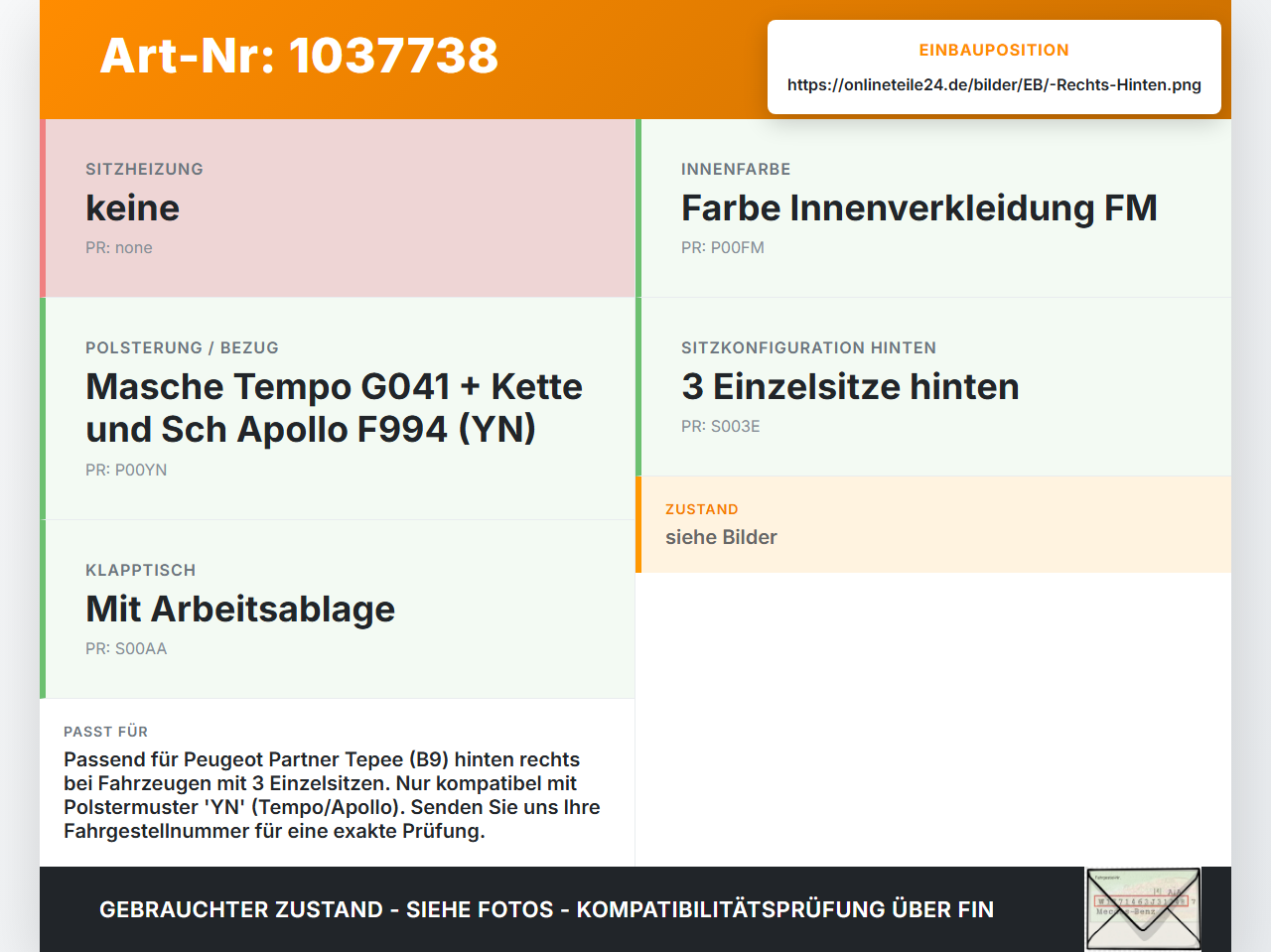 Peugeot Partner Tepee 08-12 Sitz Rücksitz Hinten Rechts Einzelsitz Klapptisch Peugeot Partner Tepee 08-12... Vorschau 3