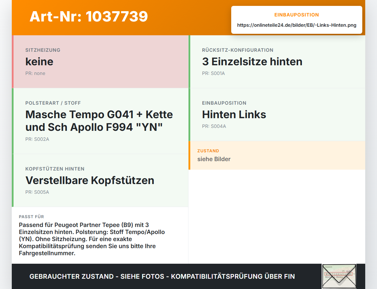 Peugeot Partner Tepee 08-12 Sitz Einzelsitz Hinten Links Stoff Peugeot Partner Tepee 08-12 07.06.2011 gebraucht Vorschau 3