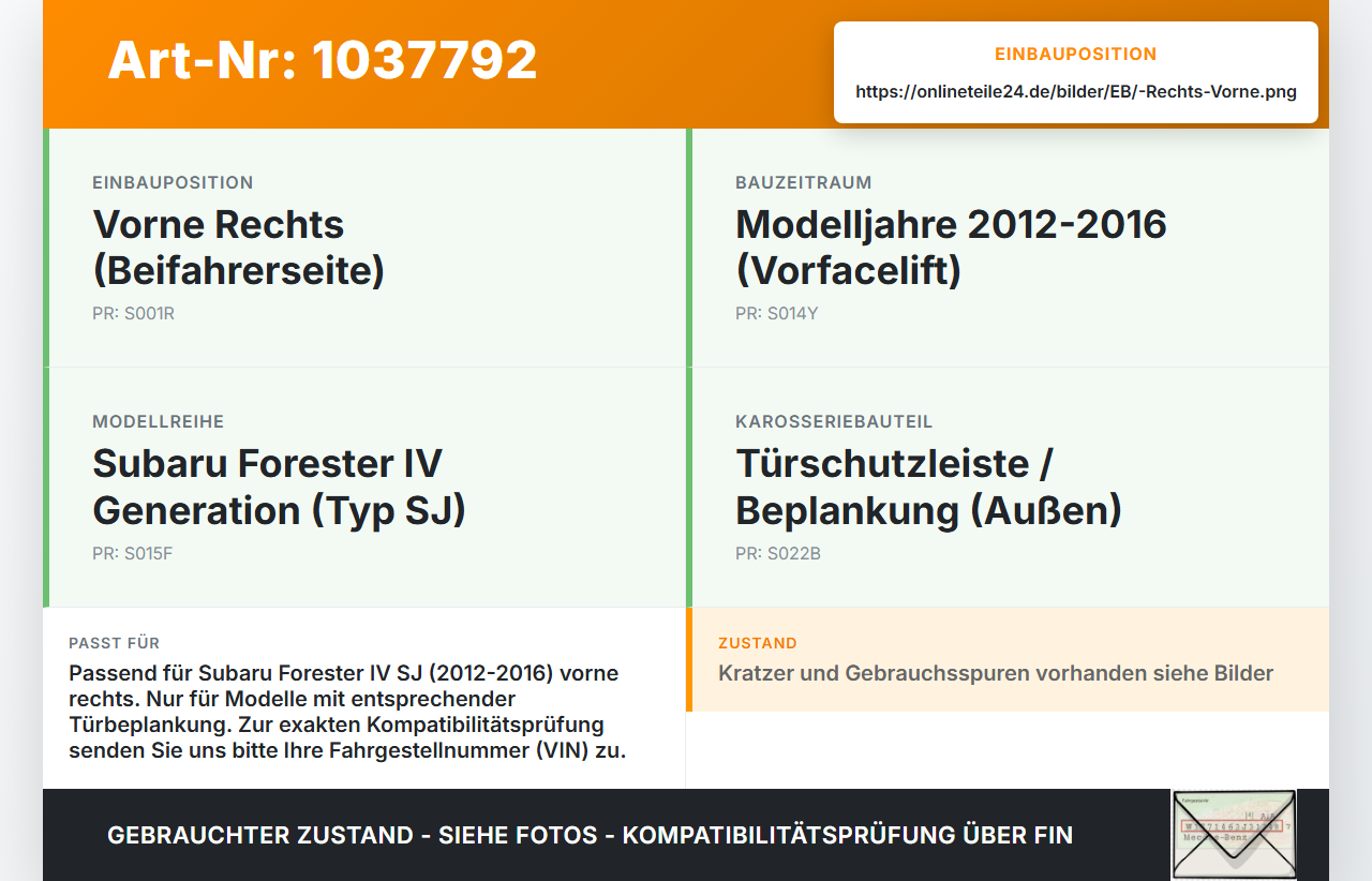 Subaru Forester IV SJ 12-16 Türleiste Beplankung Schutzleiste Vorne Rechts H5Q Subaru Forester IV SJ 12-16... Vorschau 3