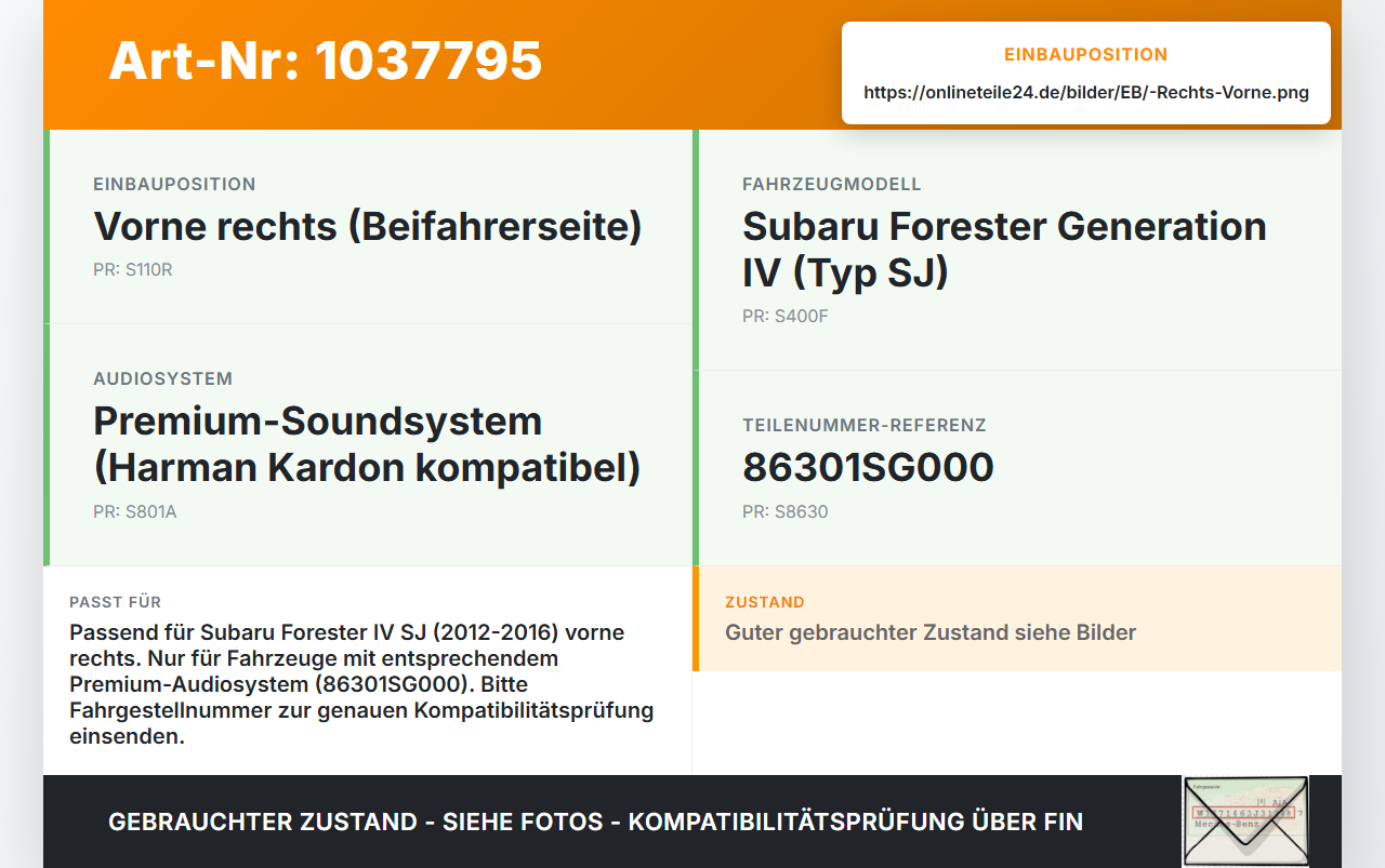 Subaru Forester IV SJ 12-16 Lautsprecher Mitteltöner Rechts Vorne Subaru Forester IV SJ 12-16 16.02.2015 86301SG000... Vorschau 3