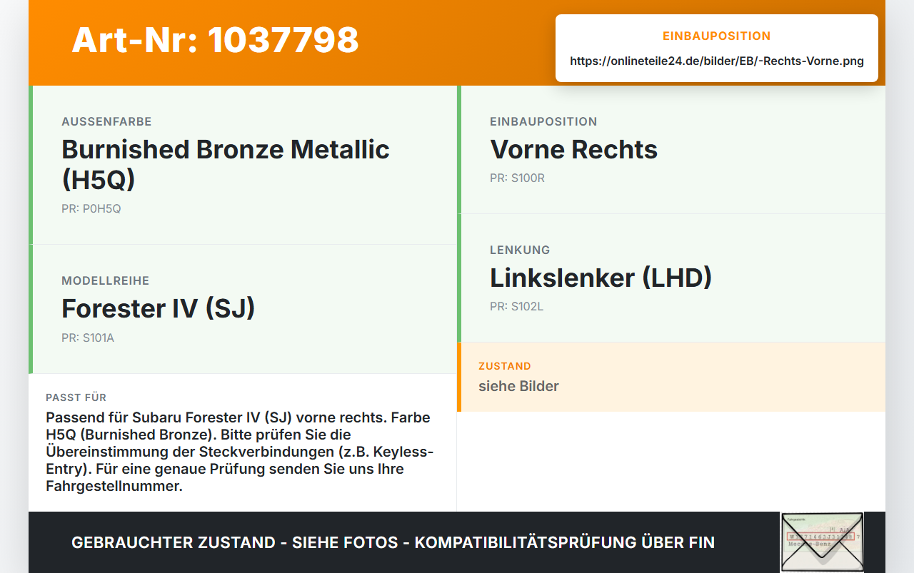 Subaru Forester IV SJ 12-16 Türgriff Griff aussen Vorne Rechts Grau H5Q Subaru Forester IV SJ 12-16 16.02.2015 gebraucht Vorschau 3