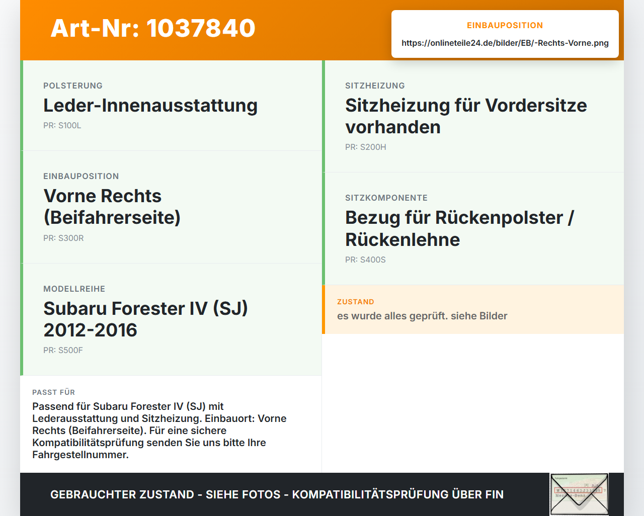 Subaru Forester IV SJ 12-16  Leder Sitzbezug Rückenpolster Rechts Vorne für Sitz beheizt Subaru Forester IV SJ... Vorschau 3