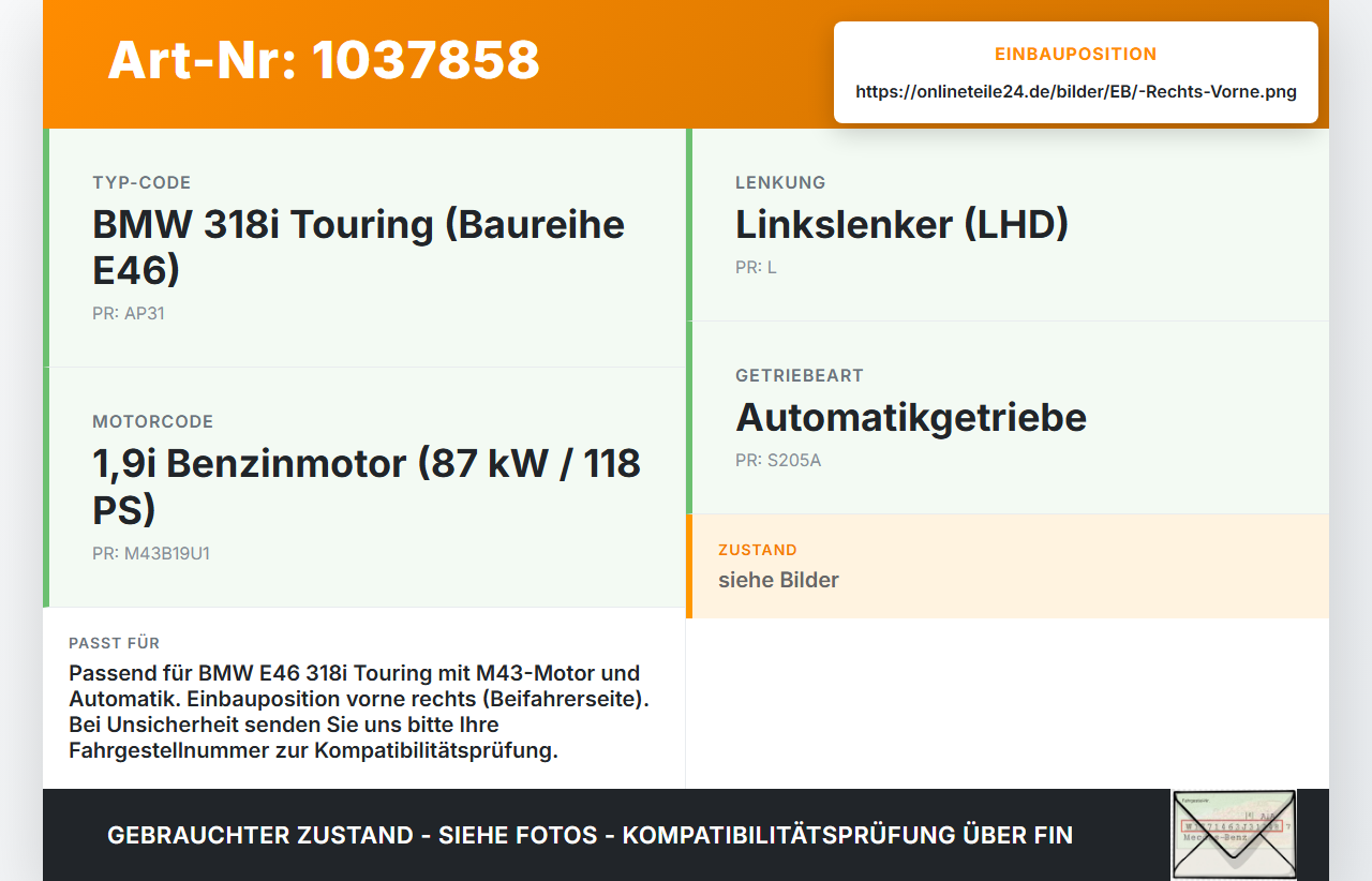 BMW 3er E46 99-01 1,9i 87KW Bremssattel Bremszange Vorne Rechts mit Träger BMW 3er E46 99-01 10.07.2000 6758114... Vorschau 3