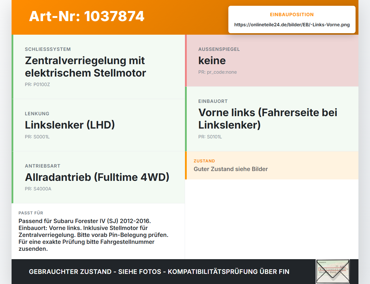 Subaru Forester IV SJ 12-16 Türschloss m. ZV Stellmotor Links Vorne Subaru Forester IV SJ 12-16 16.02.2015 2111002... Vorschau 3