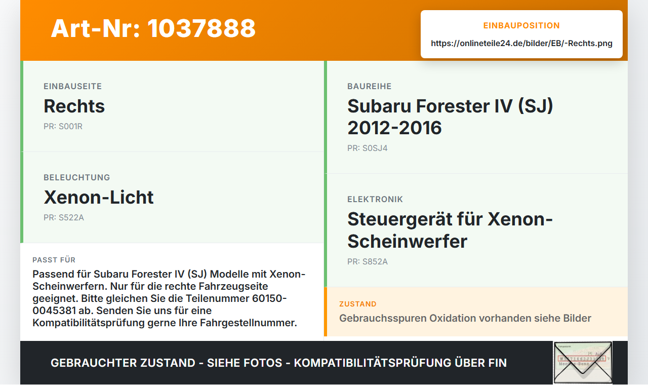 Subaru Forester IV SJ 12-16 Xenon Vorschaltgerät Rechts Subaru Forester IV SJ 12-16 16.02.2015 60150-0045381 gebraucht Vorschau 3