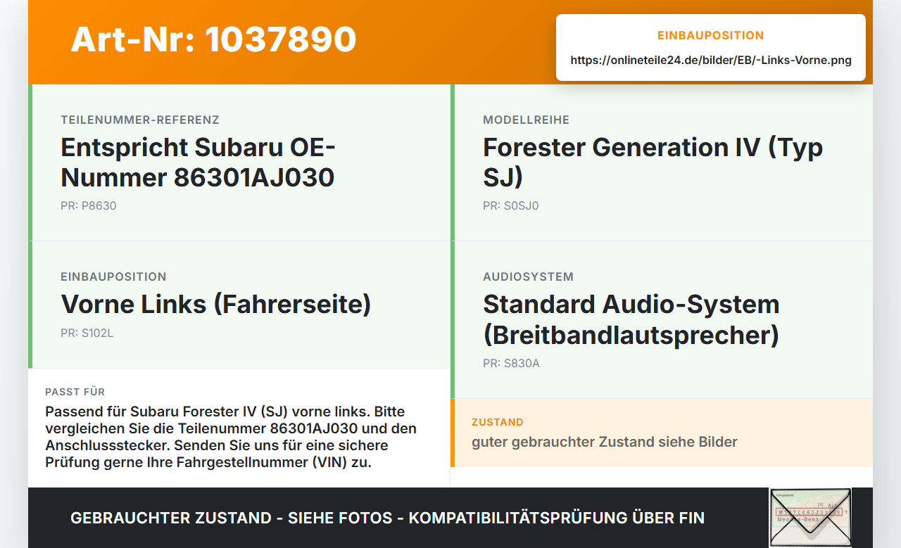 Subaru Forester IV SJ 12-16 Lautsprecher Speaker Audio Links Vorne Subaru Forester IV SJ 12-16 16.02.2015... Vorschau 3