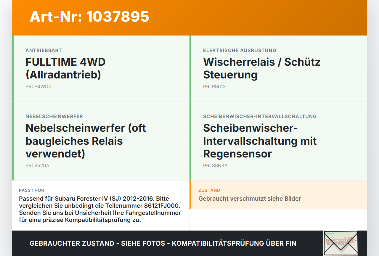 Subaru Forester IV SJ 12-16 Relais Wischerrelais Subaru Forester IV SJ 12-16 16.02.2015 86121FJ000 gebraucht Vorschau 3