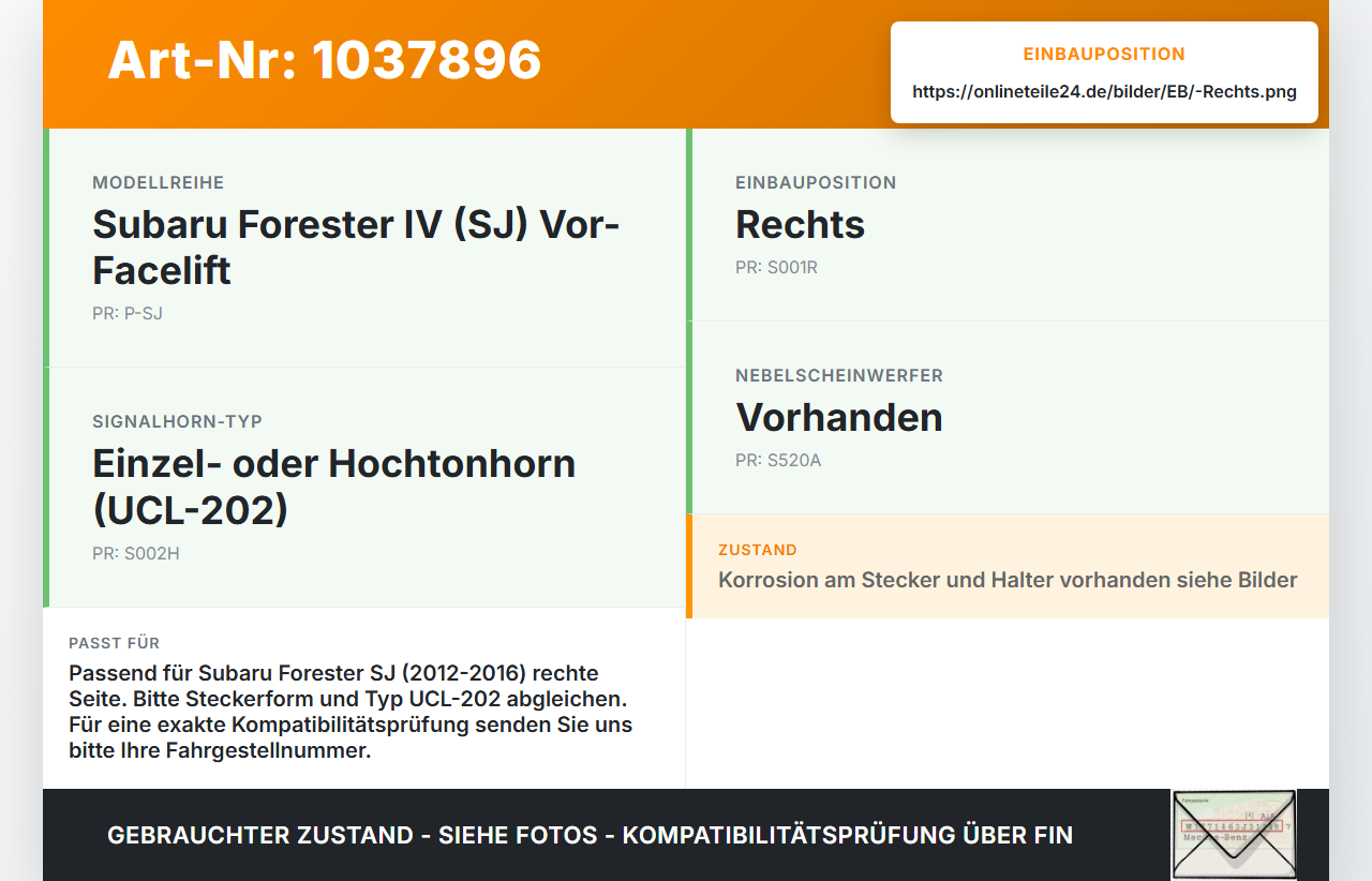 Subaru Forester IV SJ 12-16 Hupe Signalhorn Rechts Subaru Forester IV SJ 12-16 16.02.2015 UCL-202 gebraucht Vorschau 3