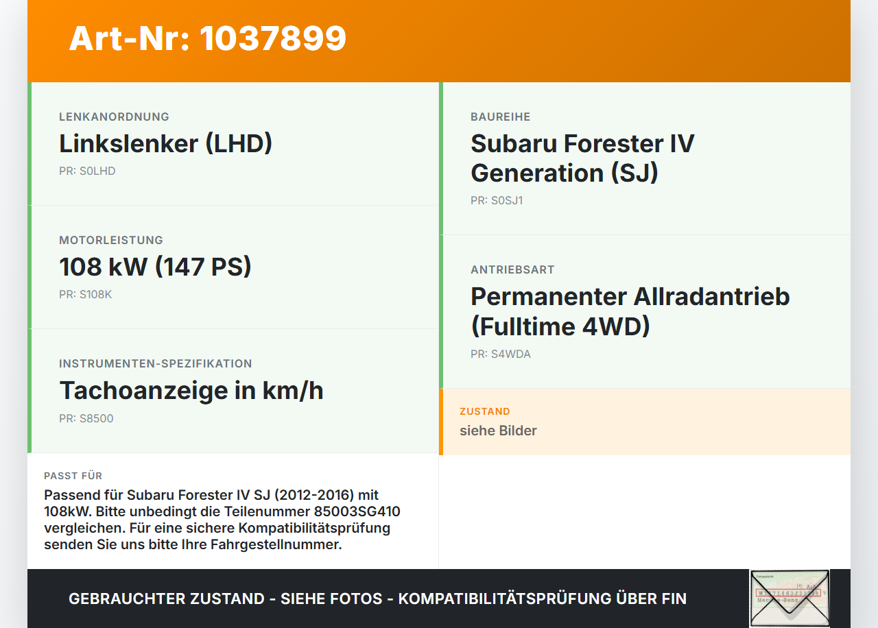 Subaru Forester IV SJ 12-16 108 108KW Kombiinstrument Tacho Subaru Forester IV SJ 12-16 16.02.2015 85003SG410 gebraucht Vorschau 3