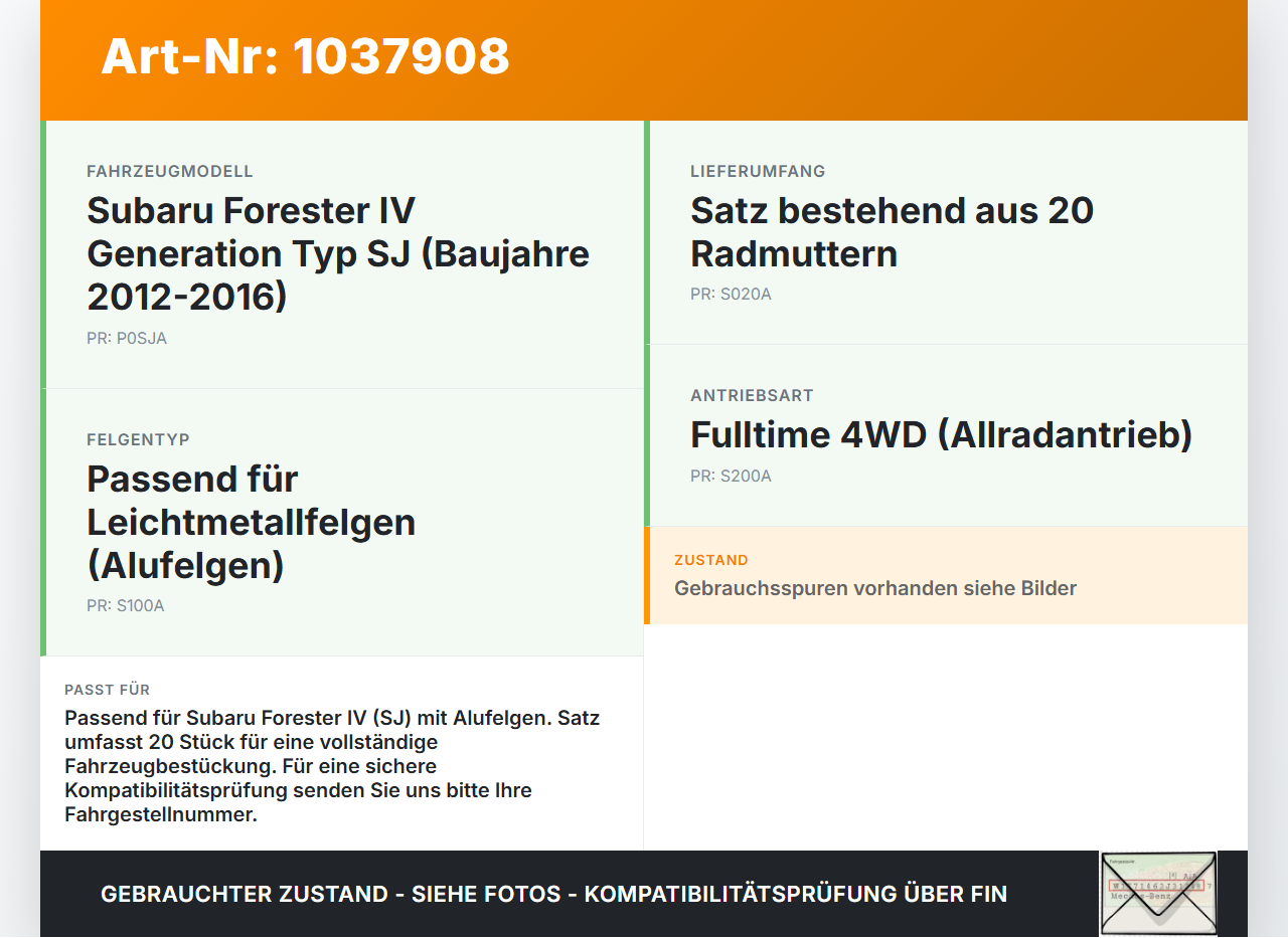 Subaru Forester IV SJ 12-16 Satz Radmuttern Muttern Radbolzen 20 Stück Subaru Forester IV SJ 12-16 16.02.2015 gebraucht Vorschau 3