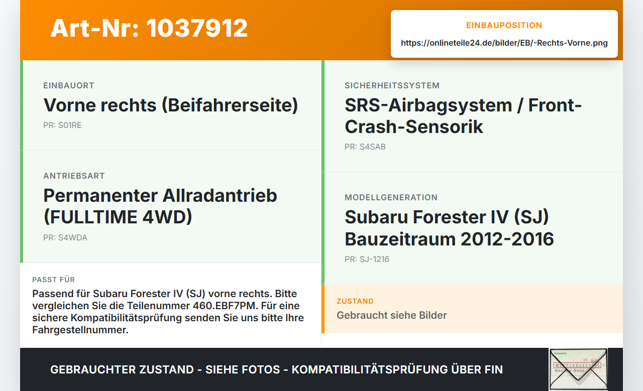 Subaru Forester IV SJ 12-16 Airbagsensor Crashsensor Sensor Rechts Vorne Subaru Forester IV SJ 12-16 16.02.2015... Vorschau 3