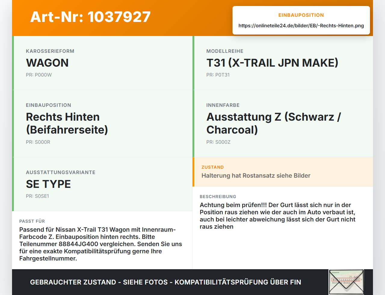 Nissan X-Trail T31 10-14 Gurt Sicherheitsgurt Rechts Hinten Nissan X-Trail T31 10-14 21.09.2011 TK-AH0-EG459 gebraucht Vorschau 3