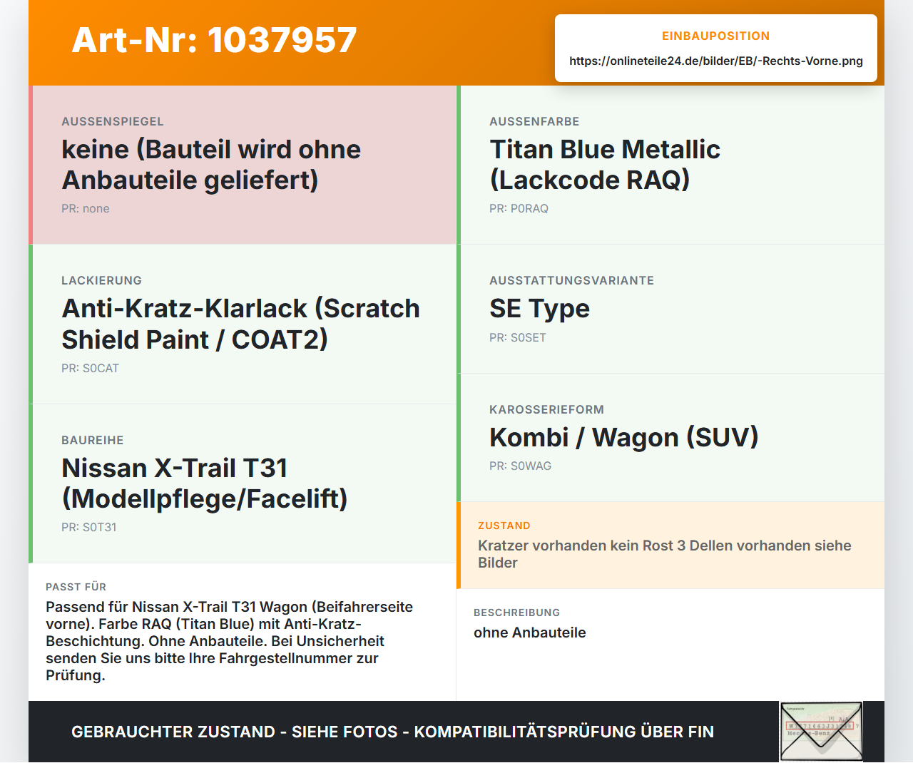 Nissan X-Trail T31 10-14 Tür Beifahrertür Rechts Vorne RAQ Nissan X-Trail T31 10-14 21.09.2011 gebraucht Vorschau 3
