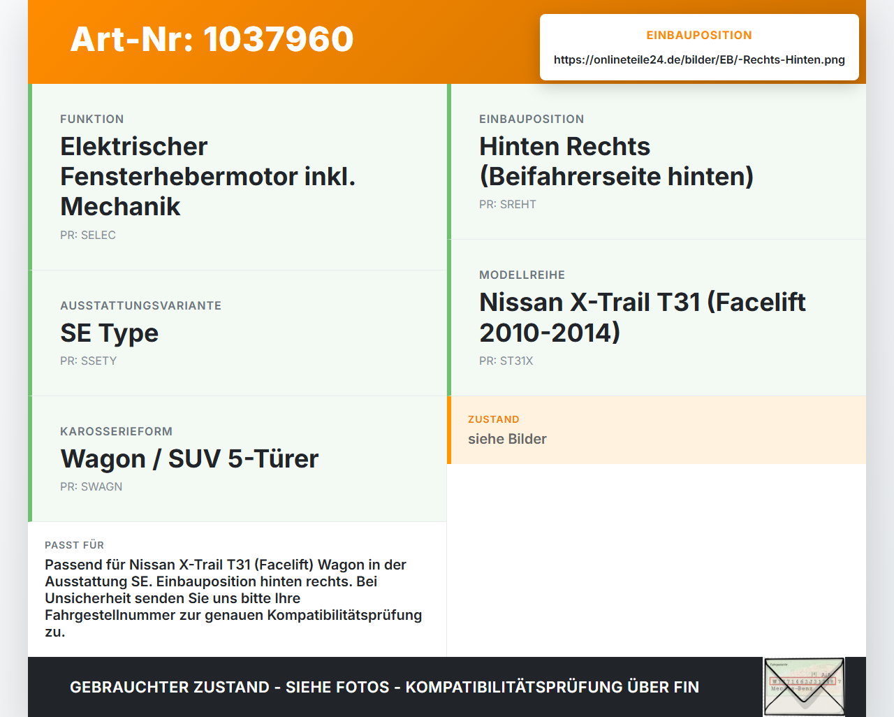 Nissan X-Trail T31 10-14 Fensterhebermotor mit Fensterheber Rechts Hinten Nissan X-Trail T31 10-14 21.09.2011 gebraucht Vorschau 3