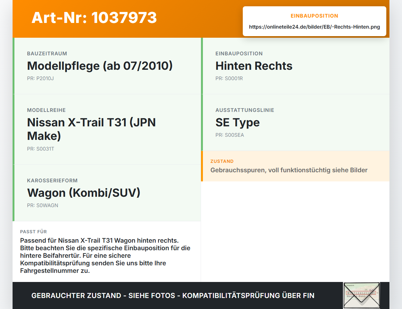 Nissan X-Trail T31 10-14 Türfangband Türbremse Türanschlag Rechts Hinten Nissan X-Trail T31 10-14 21.09.2011 gebraucht Vorschau 3