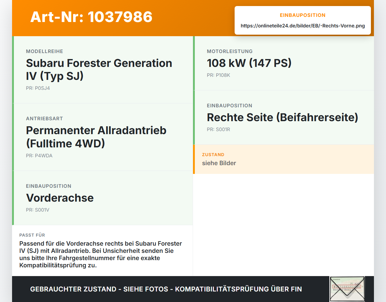 Subaru Forester IV SJ 12-16 108 108KW Achsschenkel Radnabe Rechts Vorne Subaru Forester IV SJ 12-16 16.02.2015 gebraucht Vorschau 3