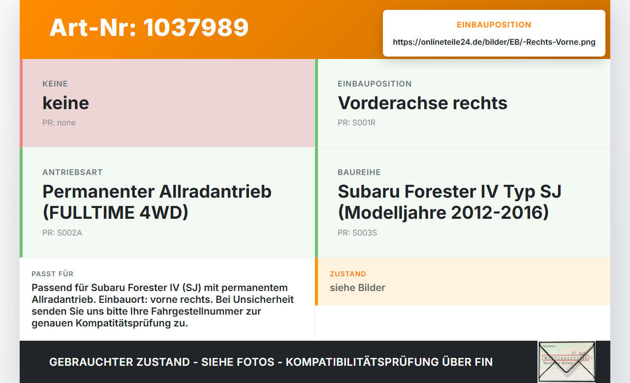 Subaru Forester IV SJ 12-16 108 108KW 4WD Antriebswelle Gelenkwelle Rechts Vorne Subaru Forester IV SJ 12-16... Vorschau 3
