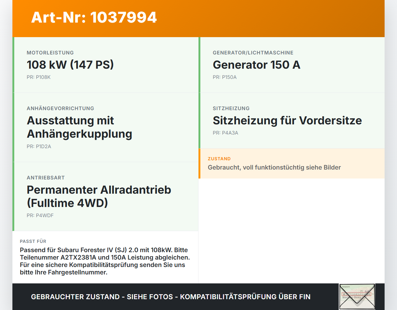 Subaru Forester IV SJ 12-16 108 108KW Lichtmaschine Generator 150A Subaru Forester IV SJ 12-16 16.02.2015... Vorschau 3
