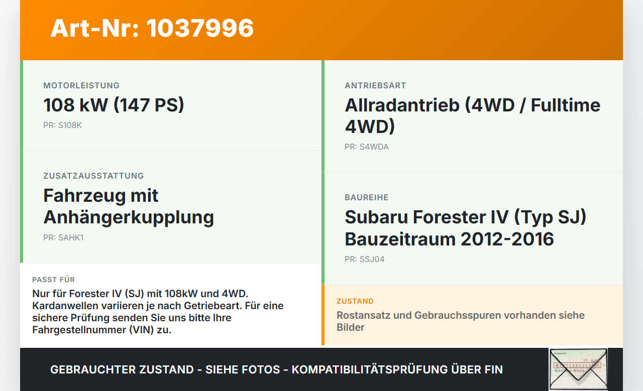 Subaru Forester IV SJ 12-16 108 108KW 4WD Kardanwelle Subaru Forester IV SJ 12-16 16.02.2015 gebraucht Vorschau 3