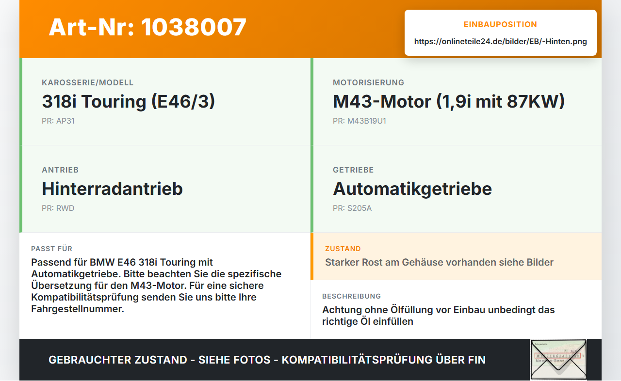 BMW 3er E46 99-01 1,9i 87KW Differential Hinterachsgetriebe Hinten BMW 3er E46 99-01 10.07.2000 1428167 33101428167... Vorschau 3