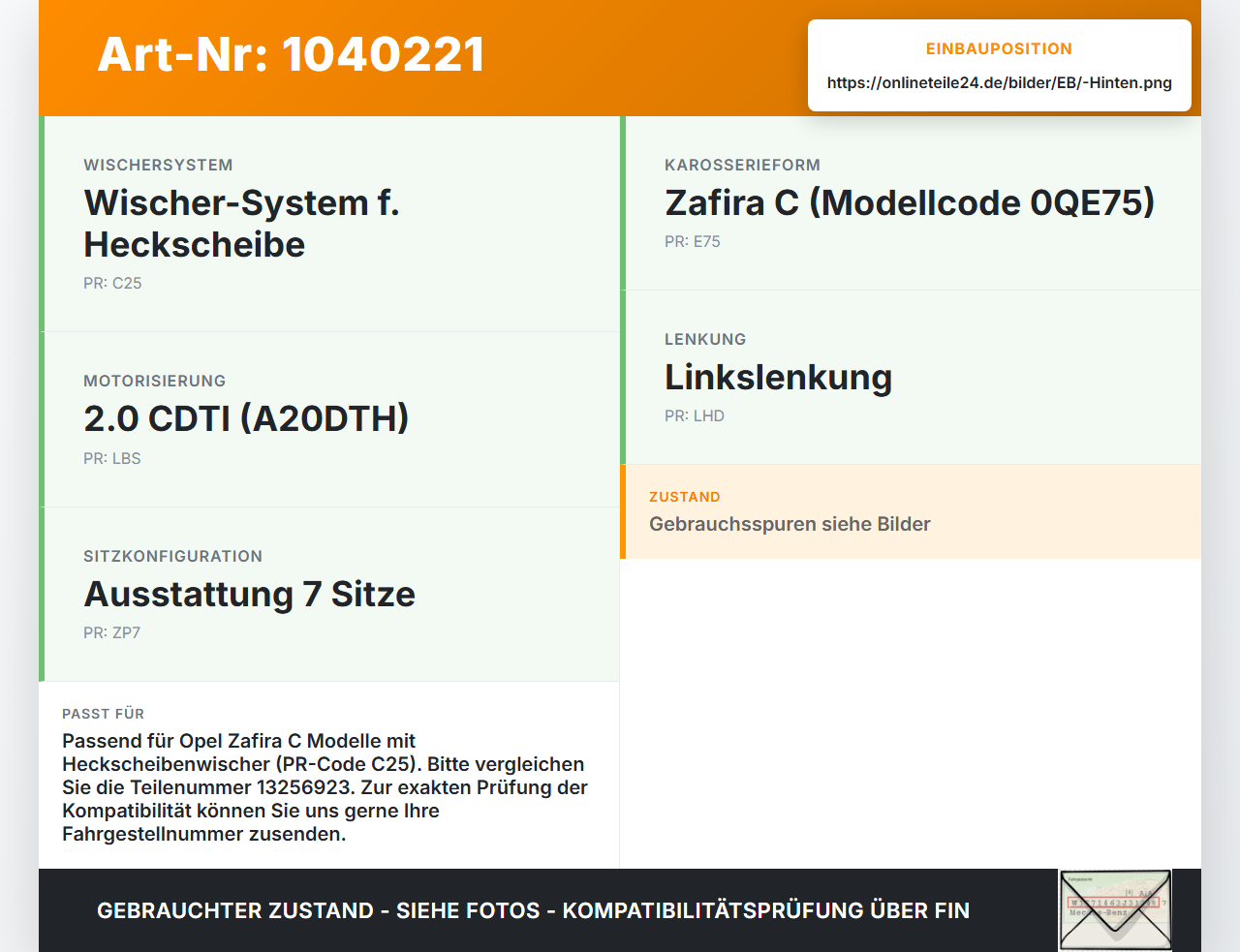 Opel Zafira C 11-16 Wischermotor Hinten Heckwischermotor Opel Zafira C 11-16 16.10.2014 13256923 1273109 gebraucht Vorschau 3