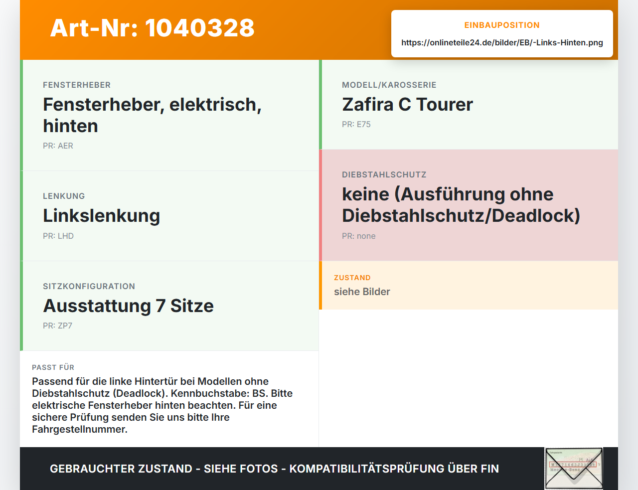 Opel Zafira C 11-16 Türschloss m. ZV Stellmotor Links Hinten Opel Zafira C 11-16 16.10.2014 13579557 1337410 gebraucht Vorschau 3
