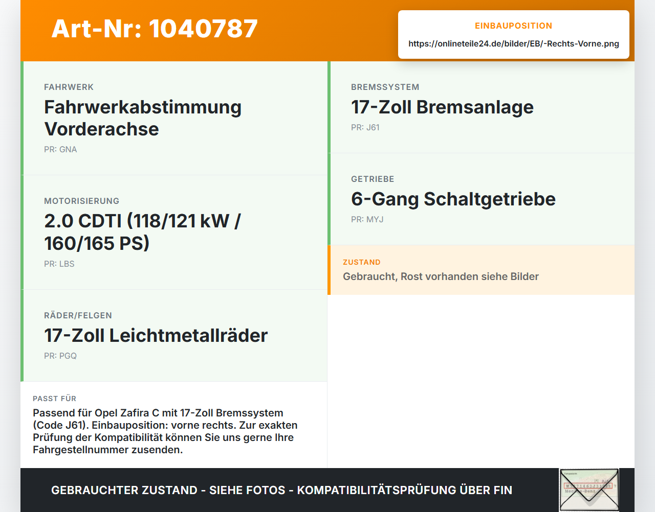 Opel Zafira C 11-16 CDTi 2,0 121KW Bremssattel Bremszange Vorne Rechts Opel Zafira C 11-16 16.10.2014 13578803... Vorschau 3