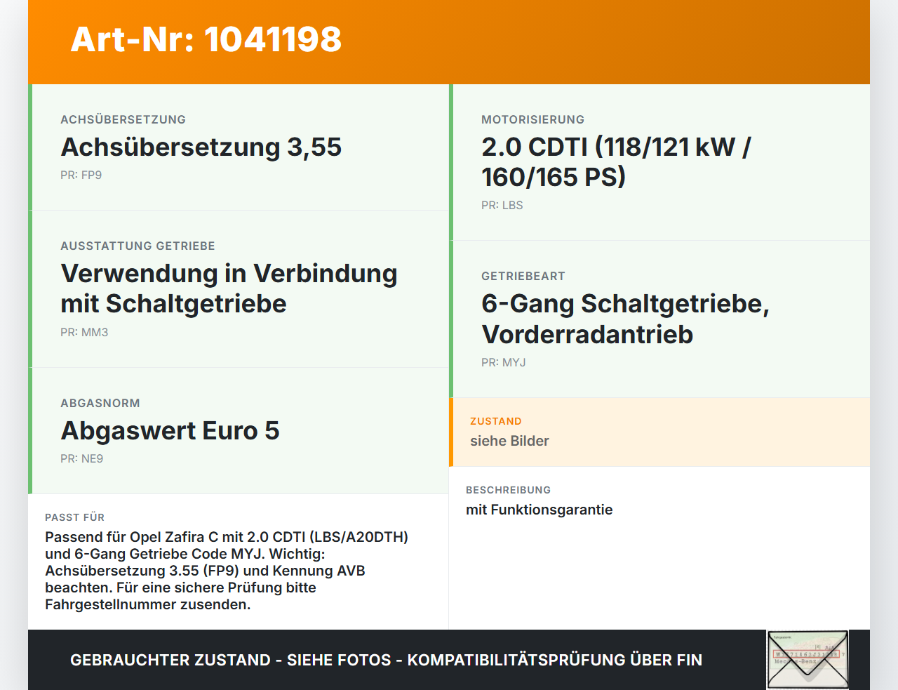 Opel Zafira C 11-16 CDTi 2,0 121KW Schaltgetriebe Getriebe Opel Zafira C 11-16 16.10.2014 55582867 5700555 gebraucht Vorschau 3