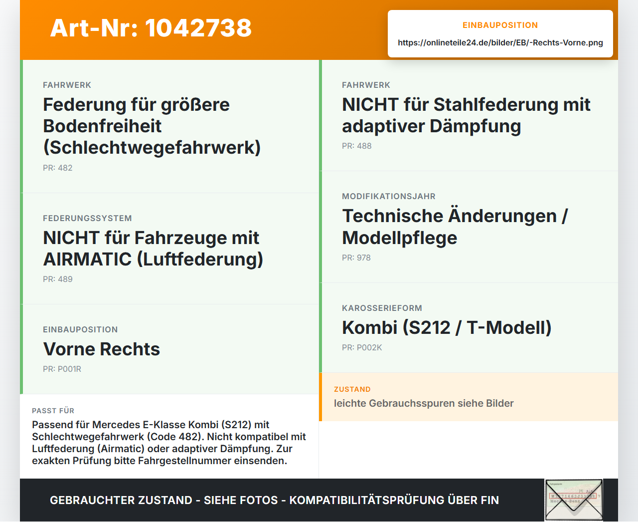 Mercedes S212 E350d 13-16 Kombi Federbein Stossdämpfer Vorne Rechts Mercedes S212 E350d 13-16 18.02.2010... Vorschau 3