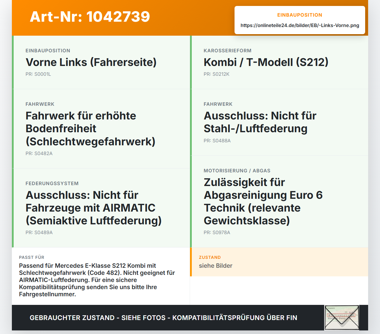 Mercedes S212 E350d 13-16 Kombi Federbein Stossdämpfer Vorne Links Mercedes S212 E350d 13-16 18.02.2010 A2123231400... Vorschau 3