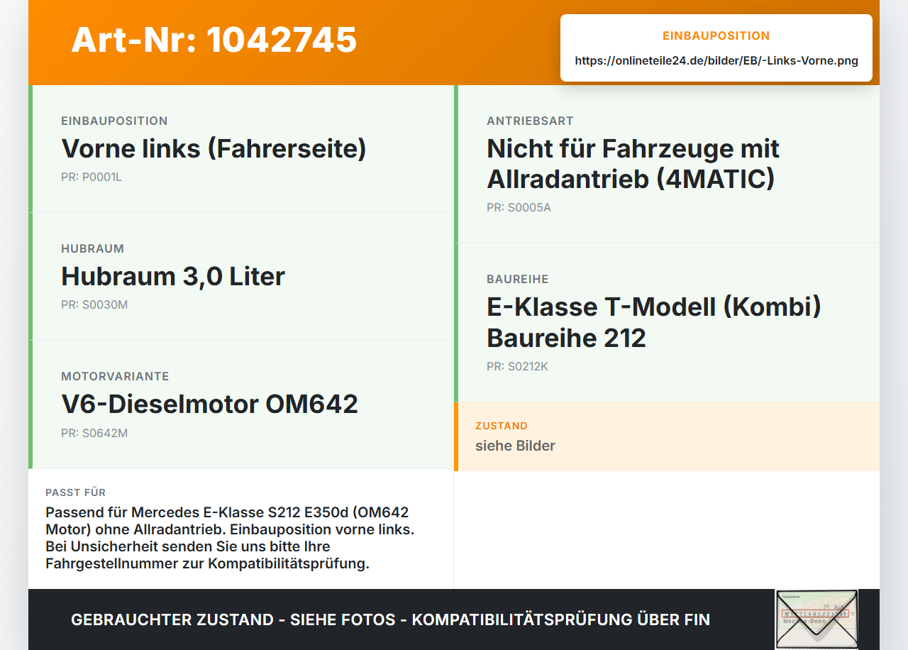 Mercedes S212 E350d 13-16 CDI 3,0 170KW Bremssattel Bremszange Vorne Links Mercedes S212 E350d 13-16 18.02.2010... Vorschau 3