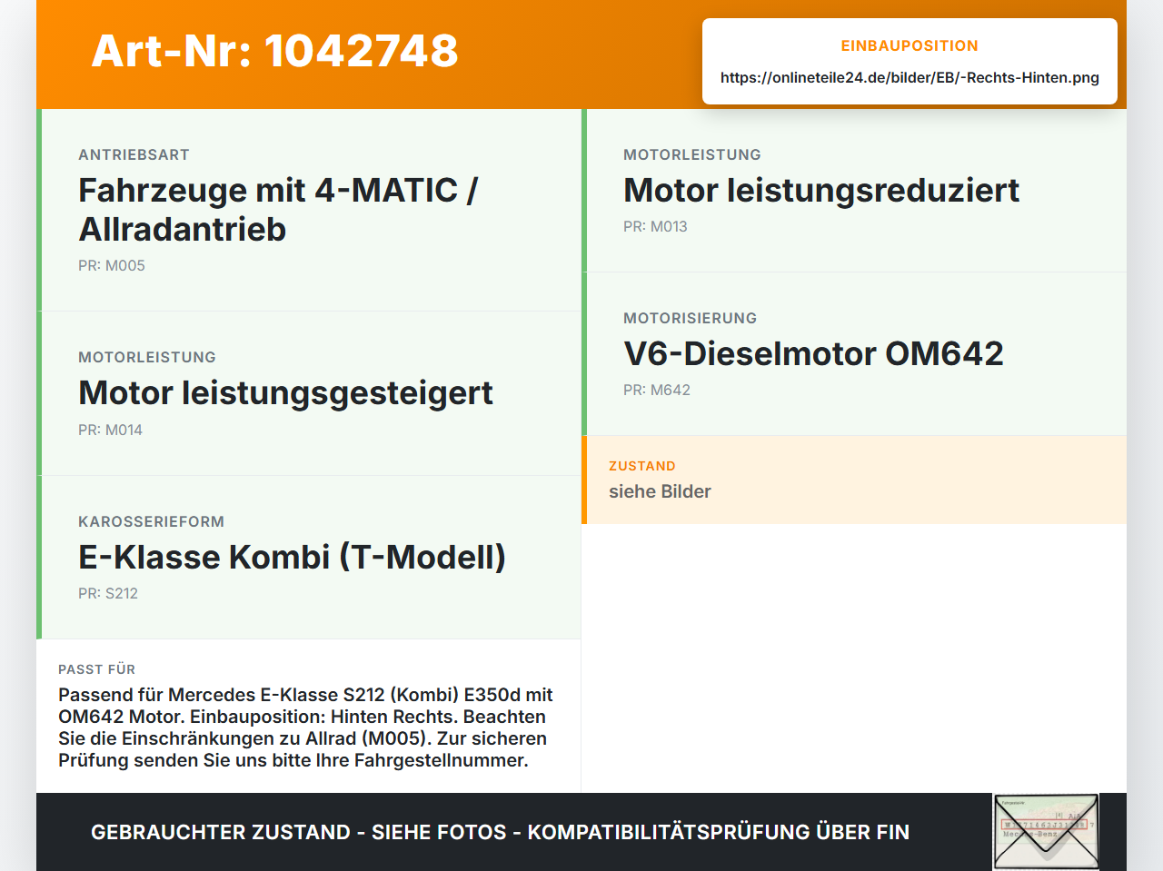 Mercedes S212 E350d 13-16 Kombi CDI 3,0 170KW Antriebswelle Gelenkwelle Rechts Hinten Mercedes S212 E350d 13-16... Vorschau 3