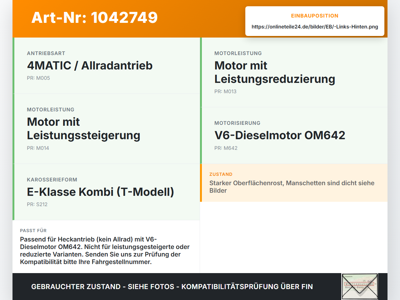 Mercedes S212 E350d 13-16 Kombi CDI 3,0 170KW Antriebswelle Gelenkwelle Hinten Links Mercedes S212 E350d 13-16... Vorschau 3