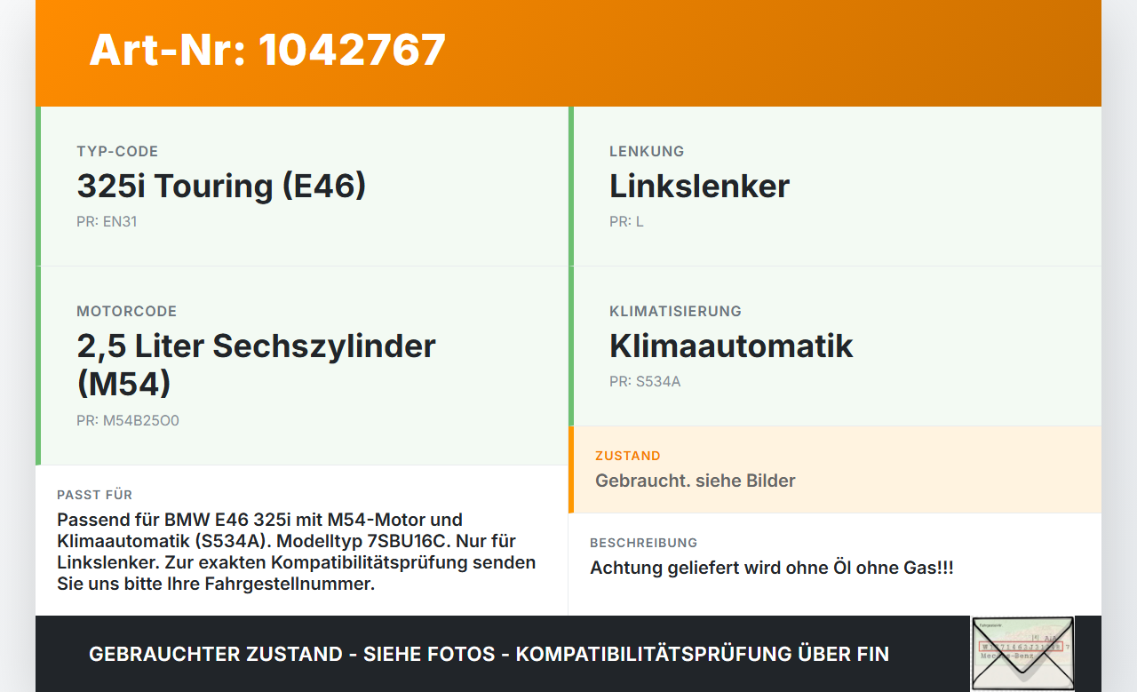 BMW E46 325i 02-06 2,5i 141KW Klimakompressor Klima Kompressor BMW E46 325i 02-06 04.03.2003 6916232 64526916232... Vorschau 3