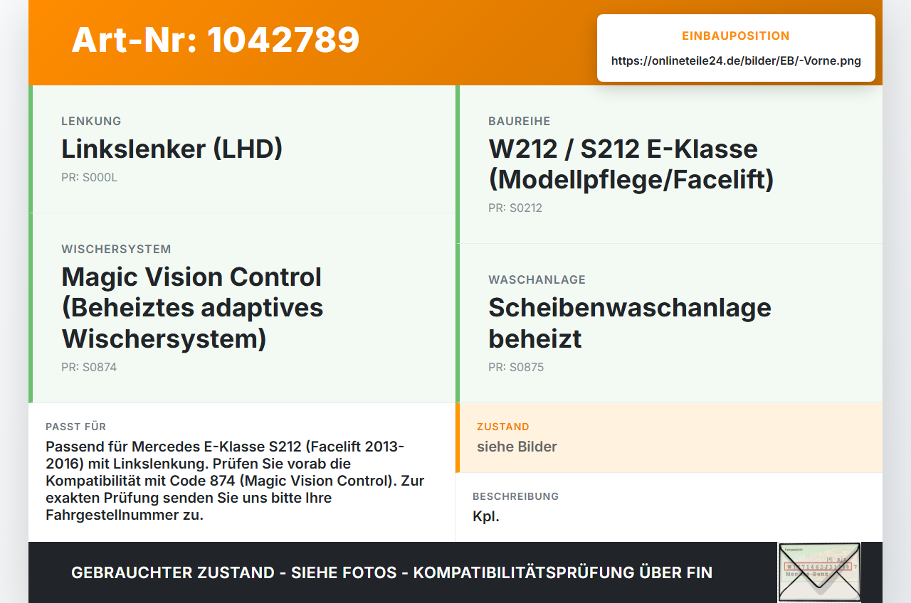 Mercedes S212 E350d 13-16 Wischermotor m. Wischergestänge Vorne Mercedes S212 E350d 13-16 18.02.2010 A2128201240... Vorschau 3