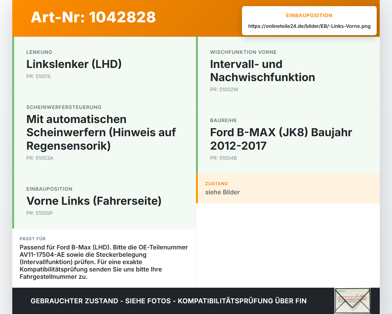 Ford B-Max JK 12-17 Wischermotor Vorne Links Ford B-Max JK 12-17 03.04.2014 AV11-17504-AE AV11-17504-AD W000031055... Vorschau 3
