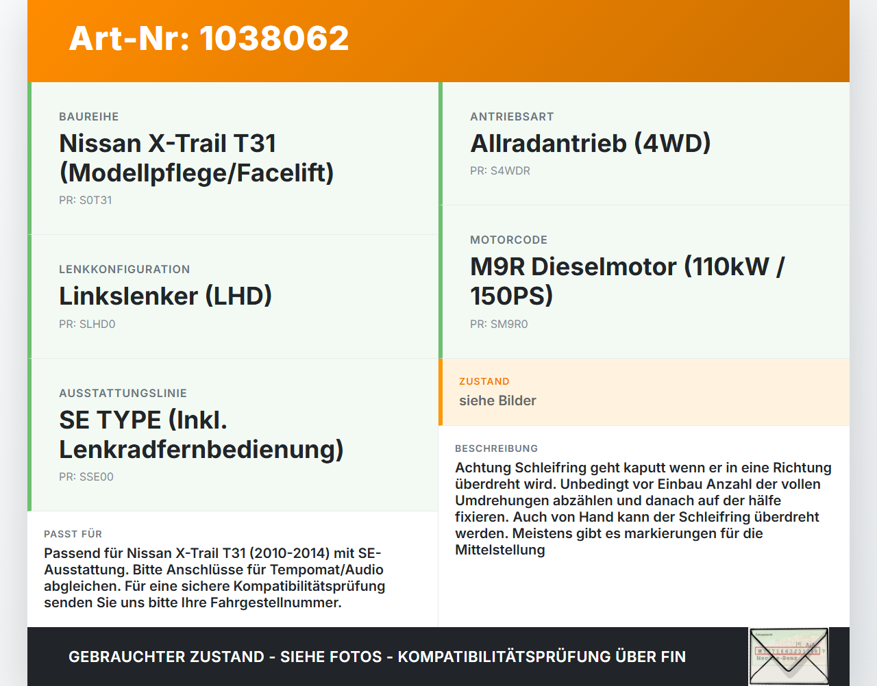 Nissan X-Trail T31 10-14 Airbag Schleifring Wickelfeder Nissan X-Trail T31 10-14 21.09.2011 1607SN 1607SN015 gebraucht Vorschau 3