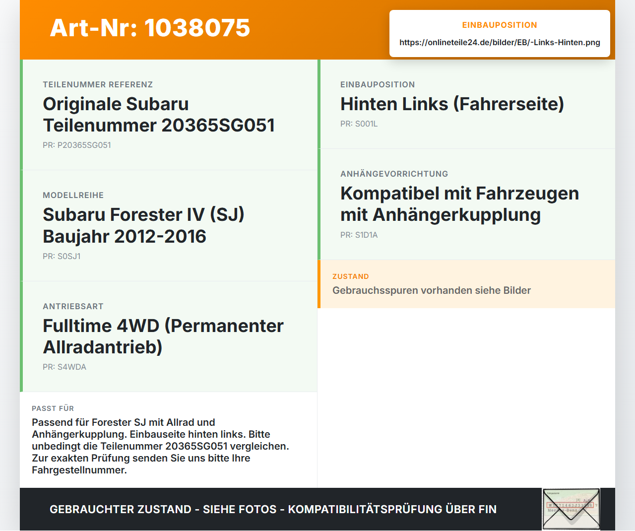 Subaru Forester IV SJ 12-16 Federbein Stossdämpfer Hinten Links Subaru Forester IV SJ 12-16 16.02.2015 20365SG051... Vorschau 3