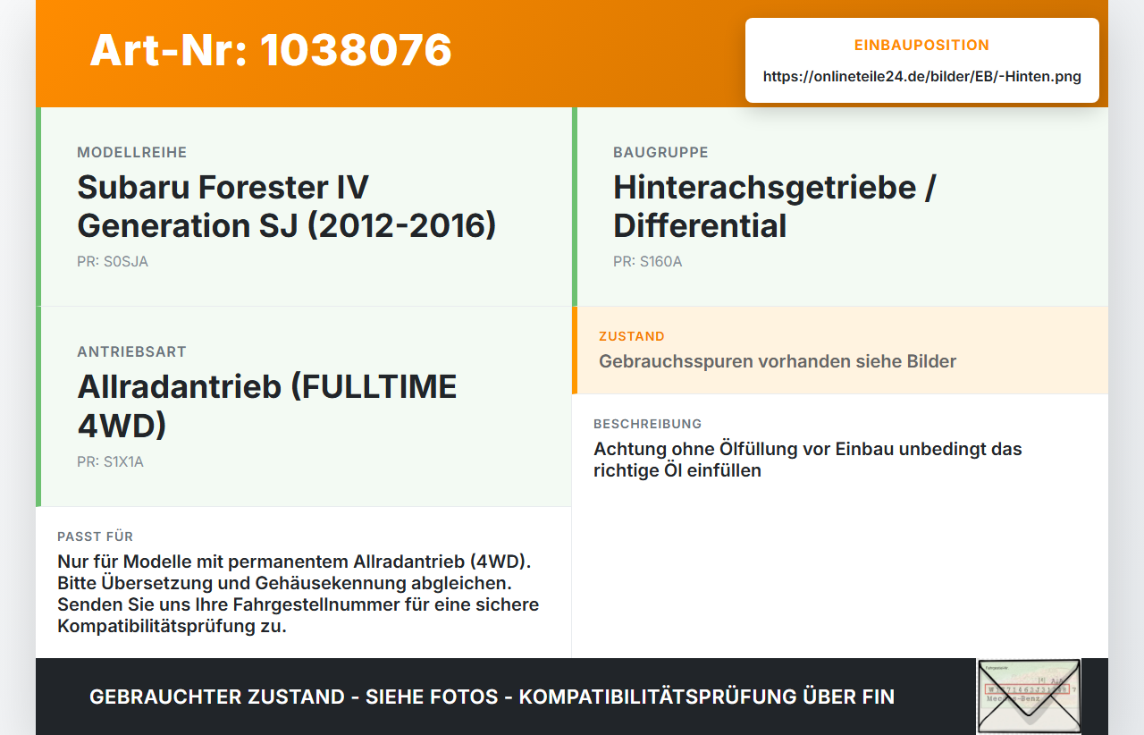 Subaru Forester IV SJ 12-16 108 108KW 4WD Differential Hinterachsgetriebe Hinten Subaru Forester IV SJ 12-16... Vorschau 3