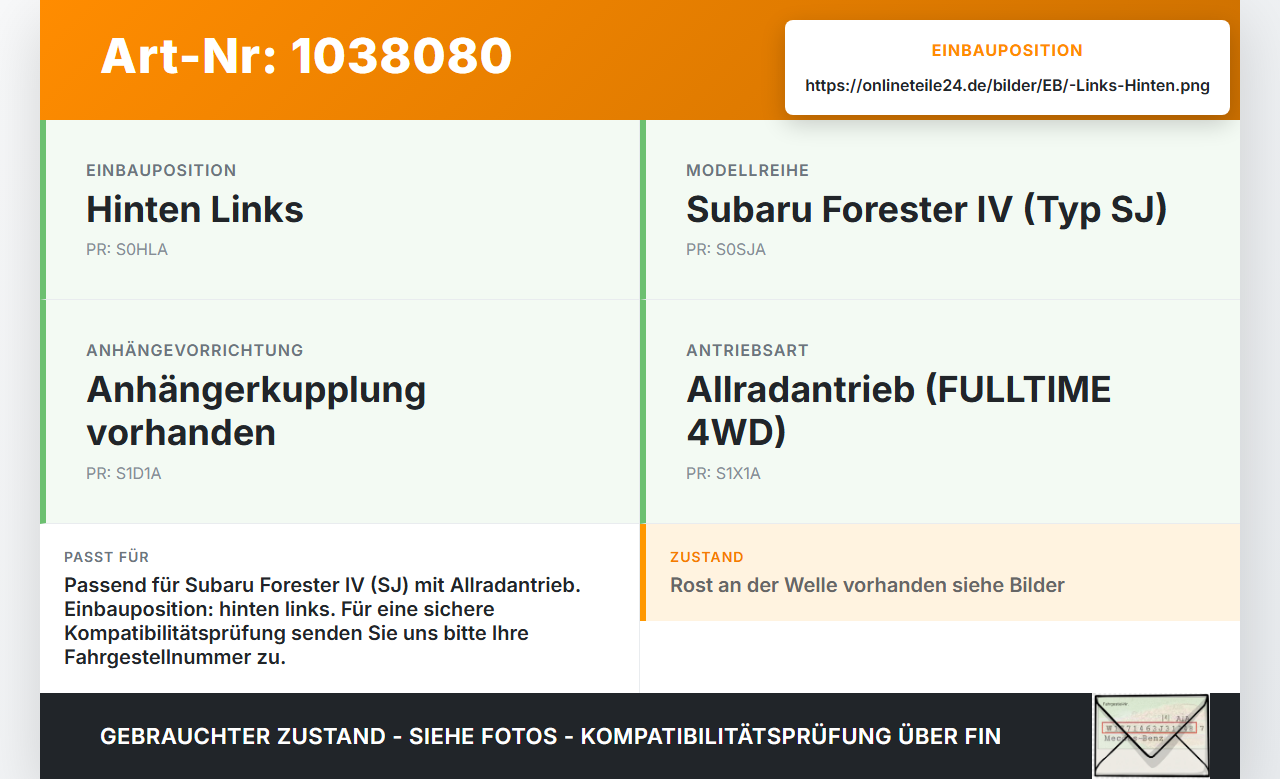 Subaru Forester IV SJ 12-16  108 108KW 4WD Antriebswelle Gelenkwelle Hinten Links Subaru Forester IV SJ 12-16... Vorschau 3