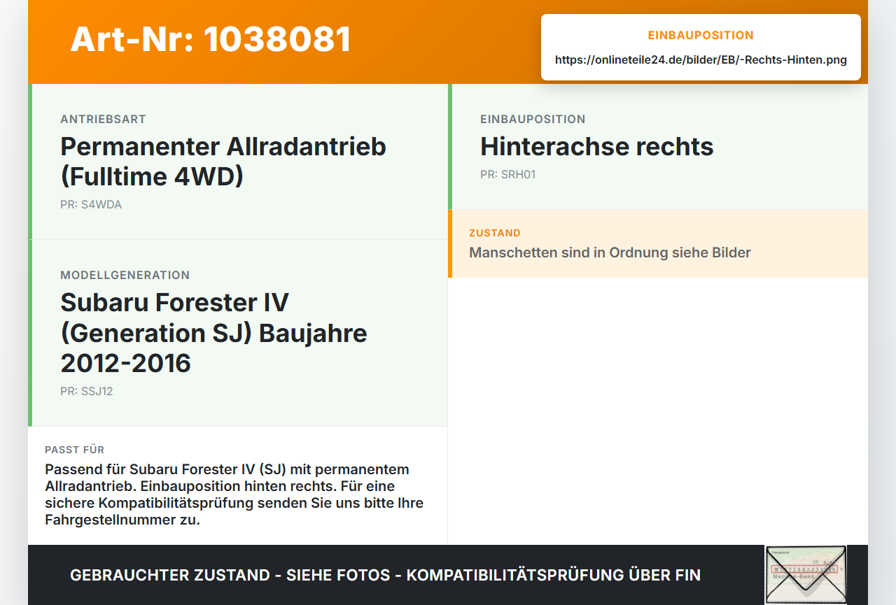 Subaru Forester IV SJ 12-16  108 108KW 4WD Antriebswelle Gelenkwelle Rechts Hinten Subaru Forester IV SJ 12-16... Vorschau 3