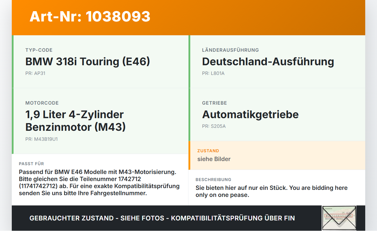 BMW 3er E46 99-01 1,9i 87KW Magnetventil Druckwandler BMW 3er E46 99-01 10.07.2000 7810831 7.22341.00 1742712 gebraucht Vorschau 3