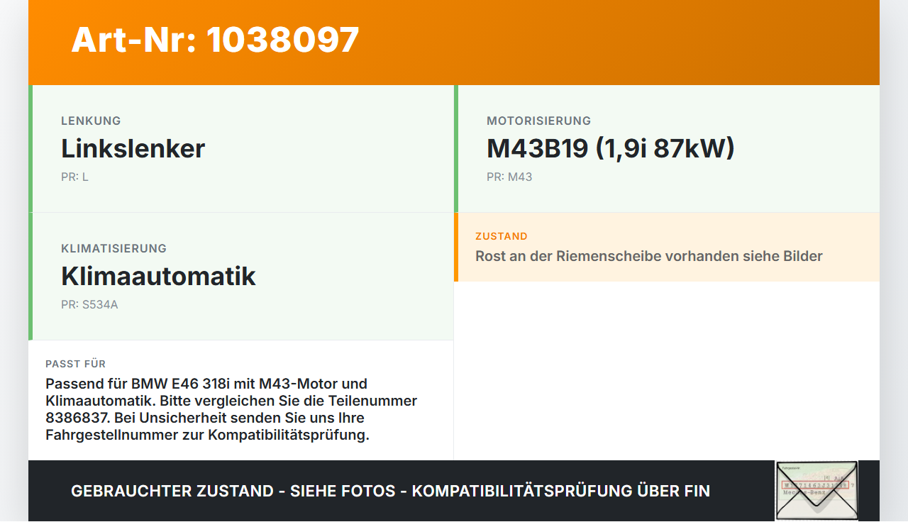 BMW 3er E46 99-01 1,9i 87KW Klimakompressor Klima Kompressor BMW 3er E46 99-01 10.07.2000 9223694 8386837... Vorschau 3